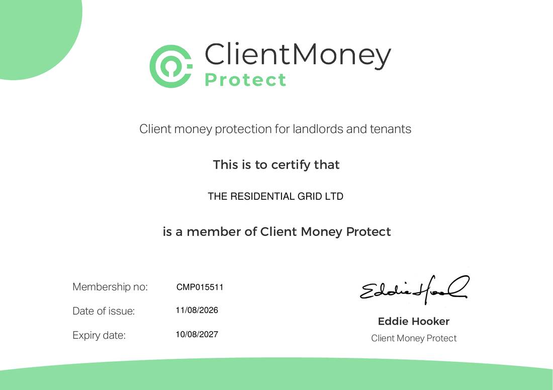 Client Money Protect membership certificate for The Residential Grid Ltd, membership number CMP015511, valid until 10 August 2027