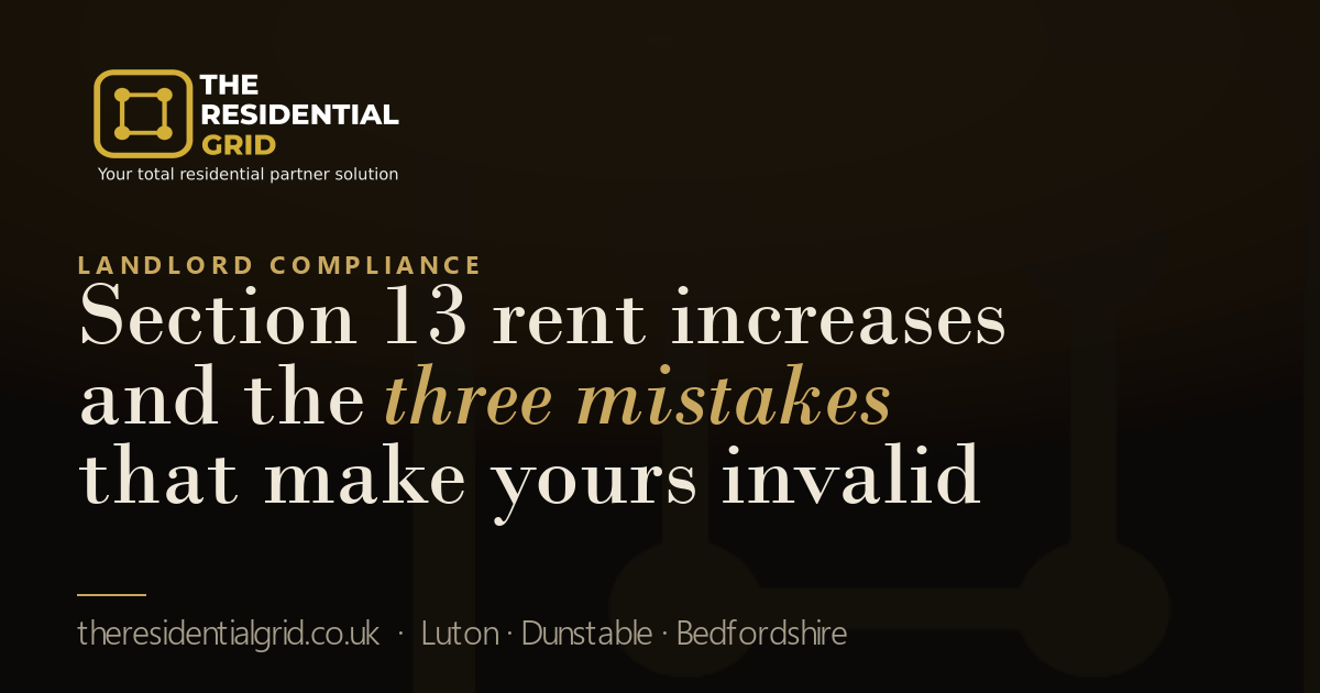 The Residential Grid branding with 'Section 13 rent increases and the three mistakes that make yours invalid'