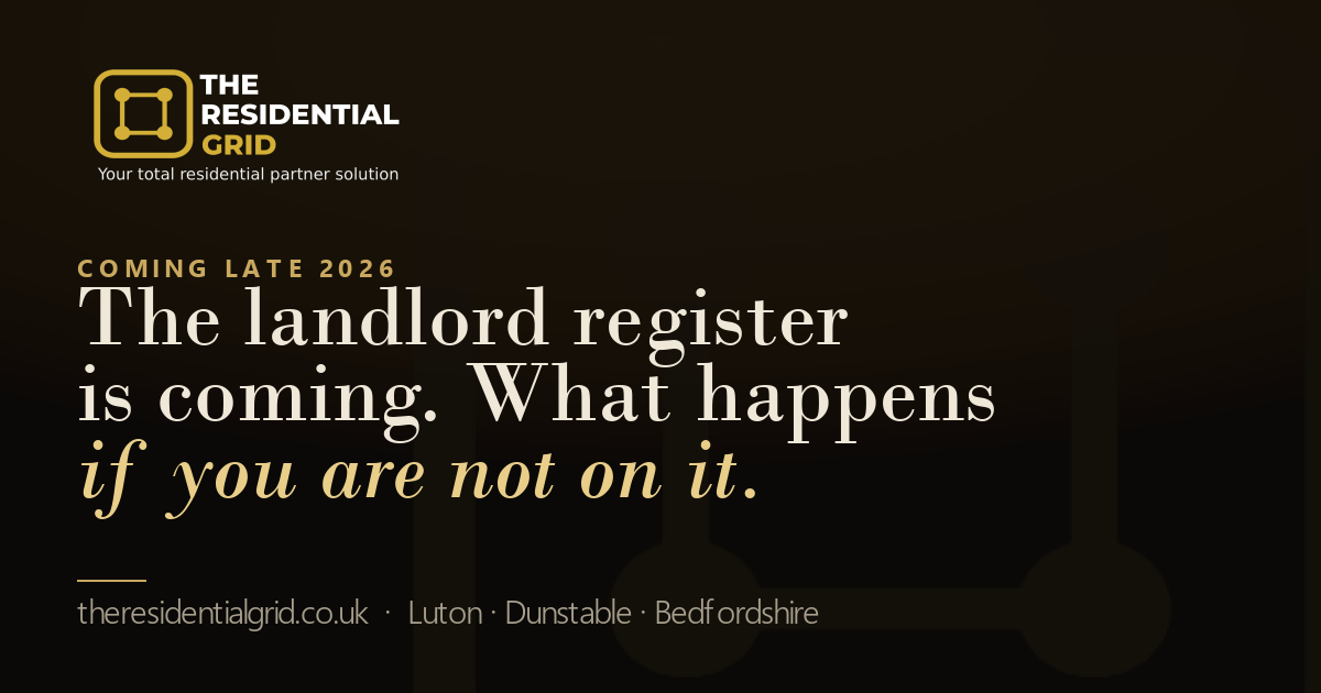 The Residential Grid branding with the headline: the landlord register is coming, what happens if you are not on it