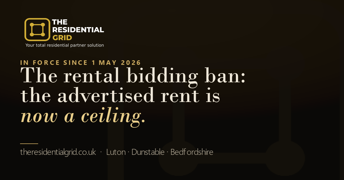 The Residential Grid branding with the headline: the rental bidding ban, the advertised rent is now a ceiling. In force since 1 May 2026.